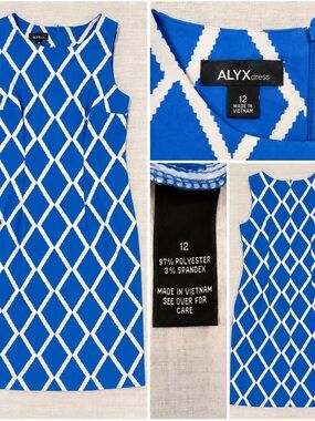 ALYX Dress Women’s Size 12 Blue White Geometric Argyle Sleeveless Sheath Stretch